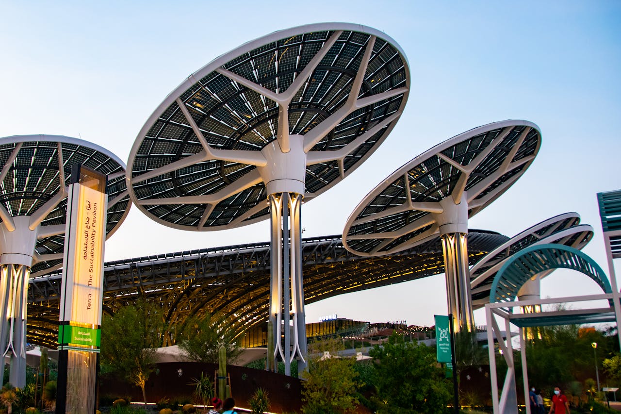 Modern solar panel structures in Dubai showcasing renewable energy innovation.